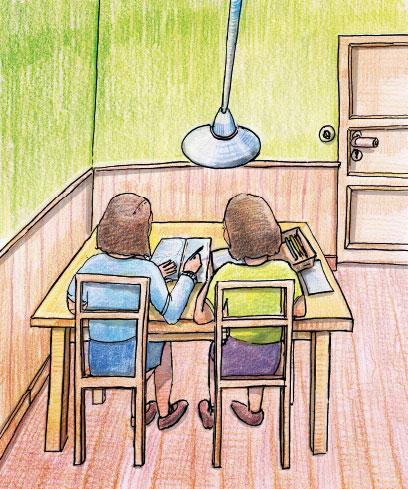 A coloured drawing of two children sitting at a table in a green room under a lamp and writing in a notebook.