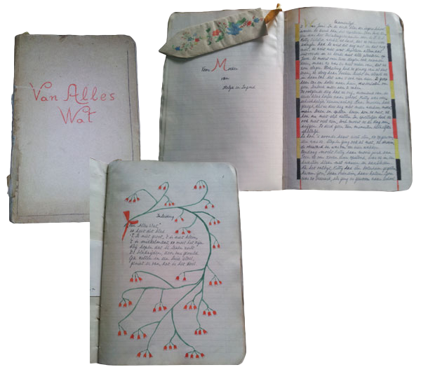 Several pages from a booklet with coloured writing and decorations.
