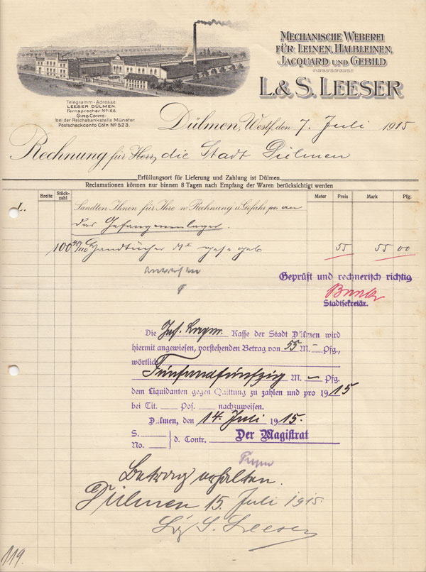 Hole-punched form with drawing of a factory in the upper left corner, and handwritten and typed entries.